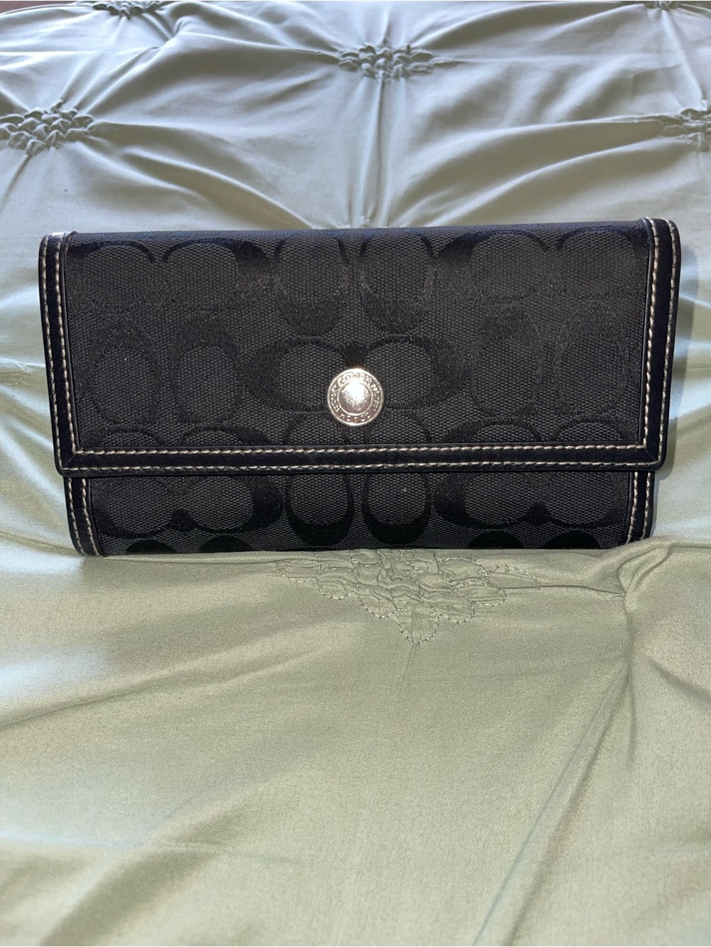 Coach Vintage Black Signature Canvas Trifold Wallet with Silver Snap